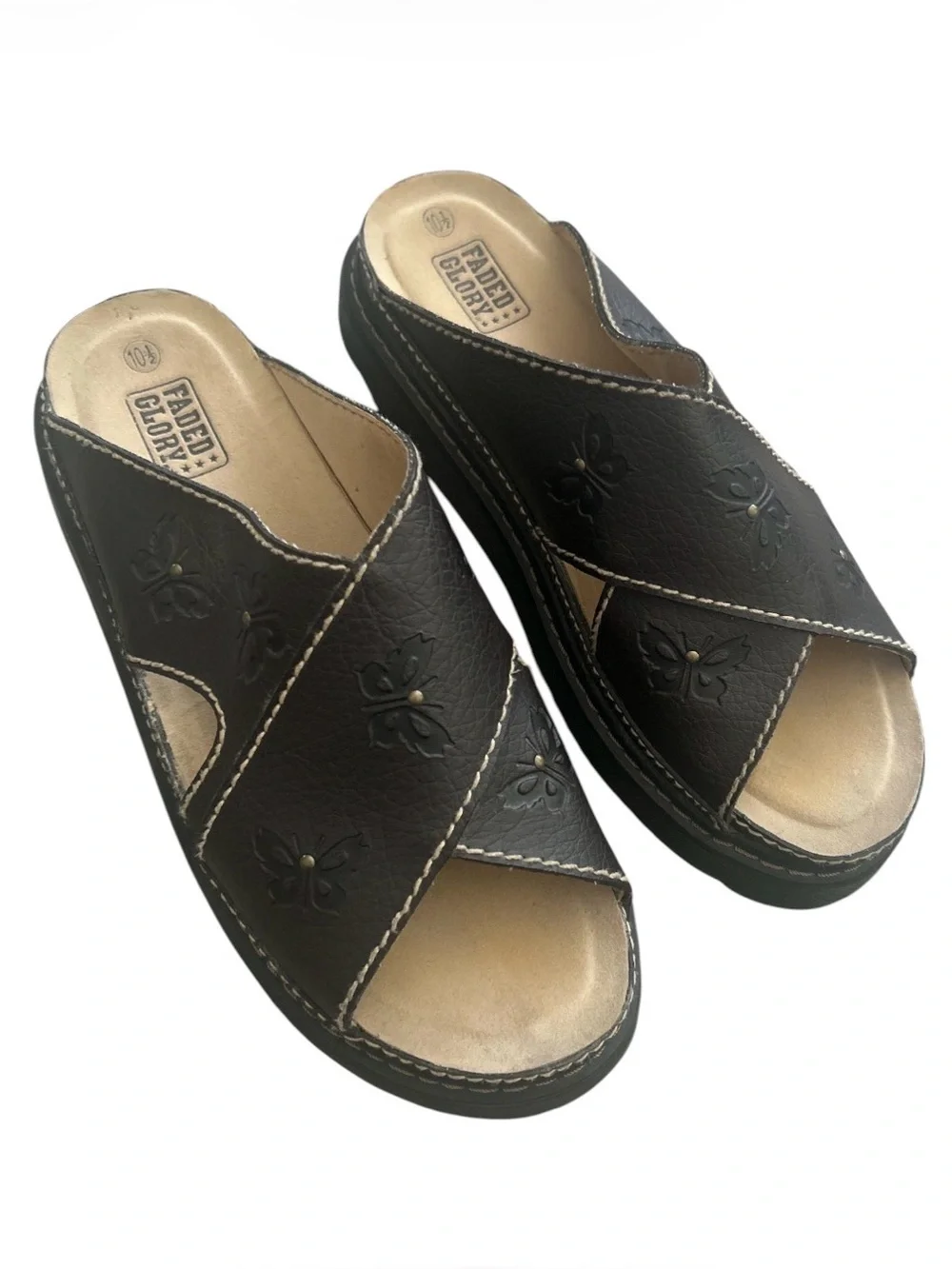 VTG Y2K Faded Glory Butterfly Chunky Platform 90s Grunge Slide Brown Size 10.5